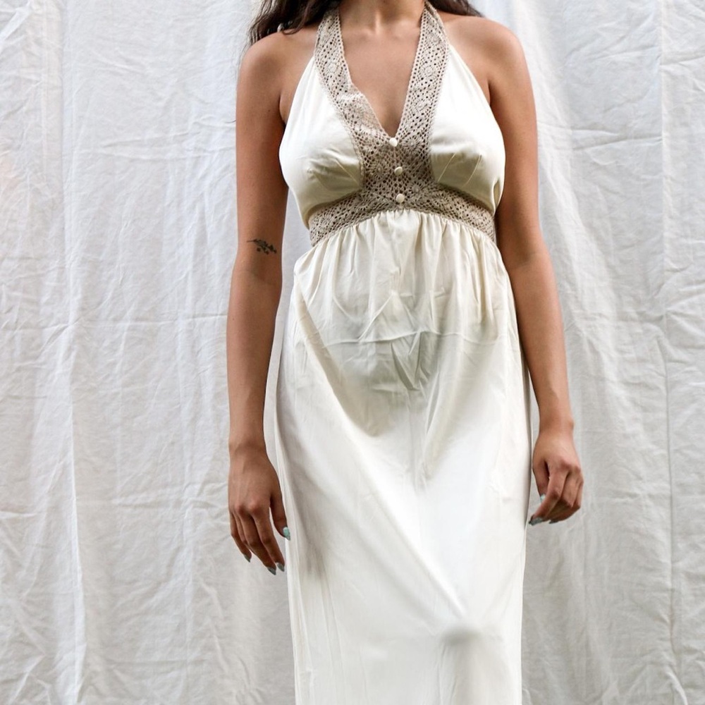 unique romantic Elegant Cream Halter Dress with Lace/crochet Detail